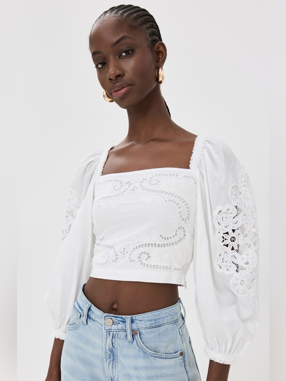 NWT Farm Rio White Lace / Embroidered Puff Sleeve Crop Top Boho